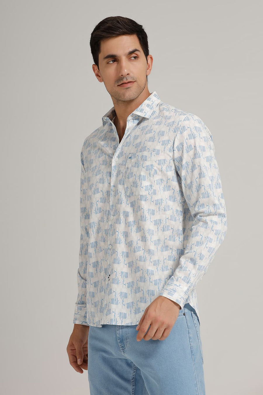 BASICS SLIM FIT INDIGO BLUE COTTON POPLIN PRINTED SHIRT