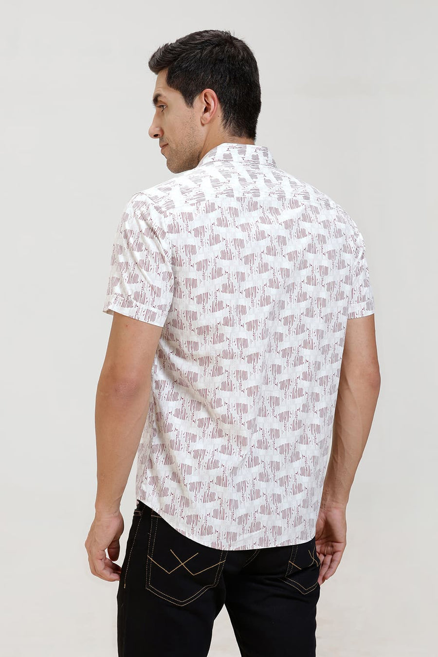 BASICS SLIM FIT CRIMSON PINK COTTON POPLIN PRINTED HALFSLEEVES SHIRT