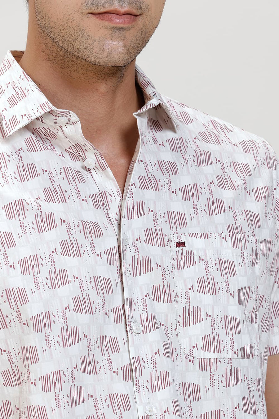 BASICS SLIM FIT CRIMSON PINK COTTON POPLIN PRINTED HALFSLEEVES SHIRT
