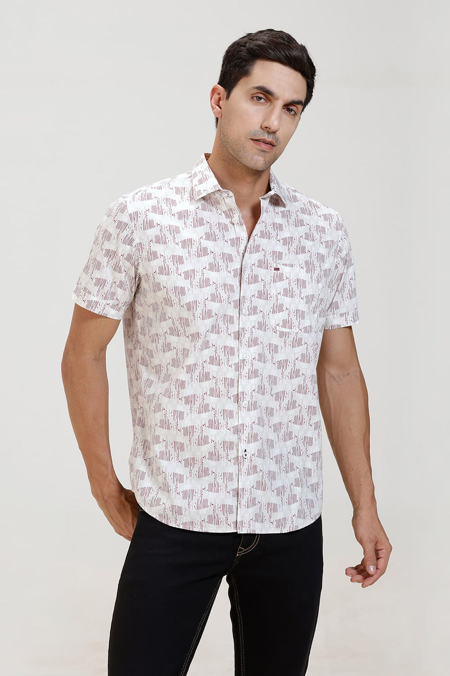 BASICS SLIM FIT CRIMSON PINK COTTON POPLIN PRINTED HALFSLEEVES SHIRT