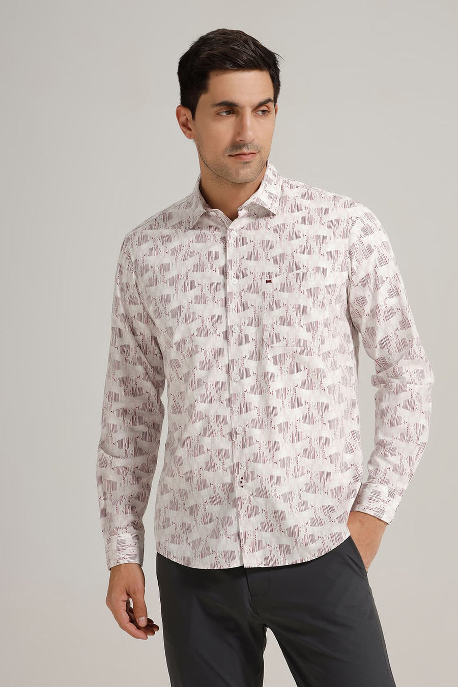 BASICS SLIM FIT CRIMSON PINK COTTON POPLIN PRINTED SHIRT