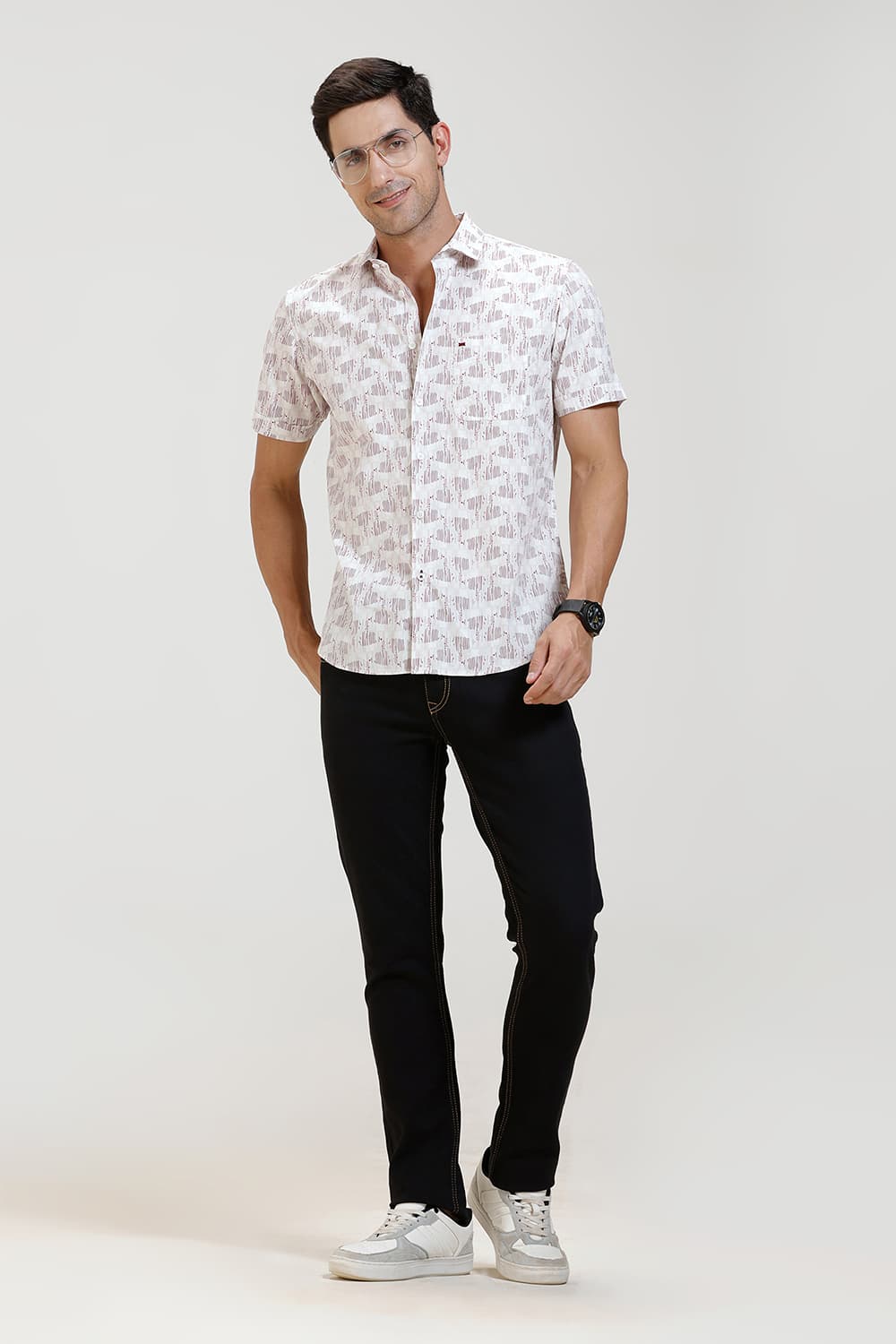SLIM FIT COTTON POPLIN PRINTED HALFSLEEVES SHIRT