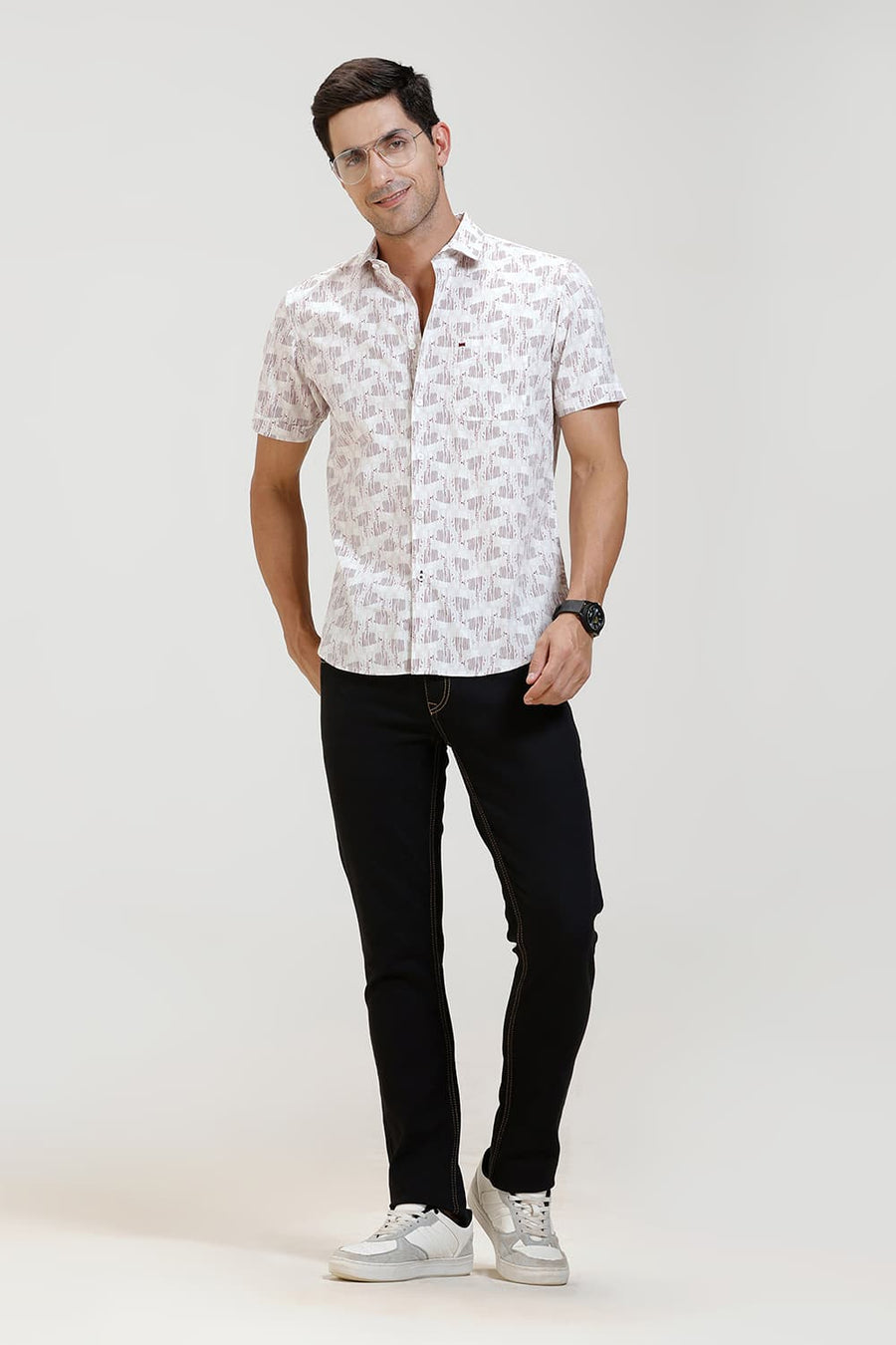 BASICS SLIM FIT CRIMSON PINK COTTON POPLIN PRINTED HALFSLEEVES SHIRT