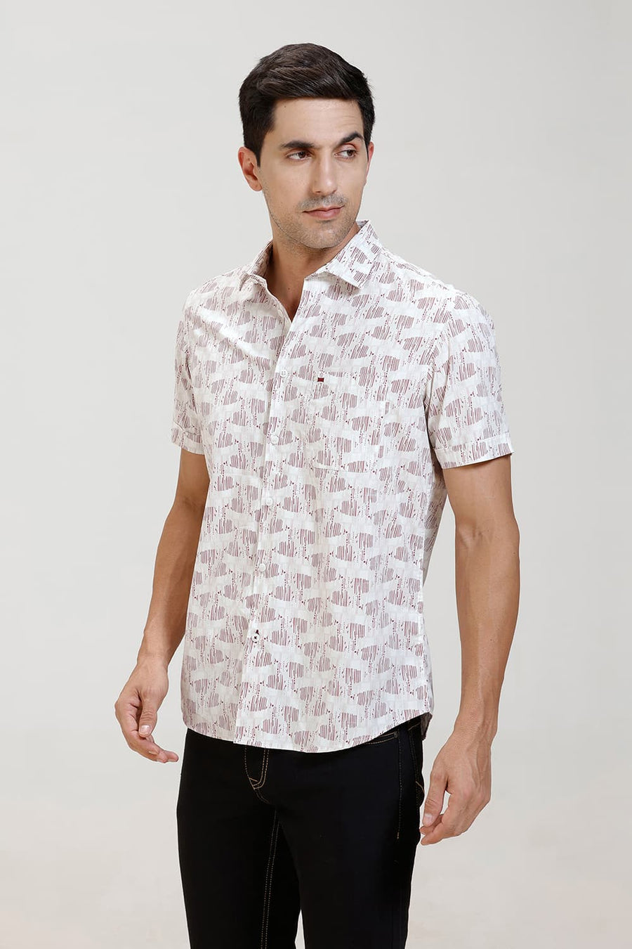 BASICS SLIM FIT CRIMSON PINK COTTON POPLIN PRINTED HALFSLEEVES SHIRT