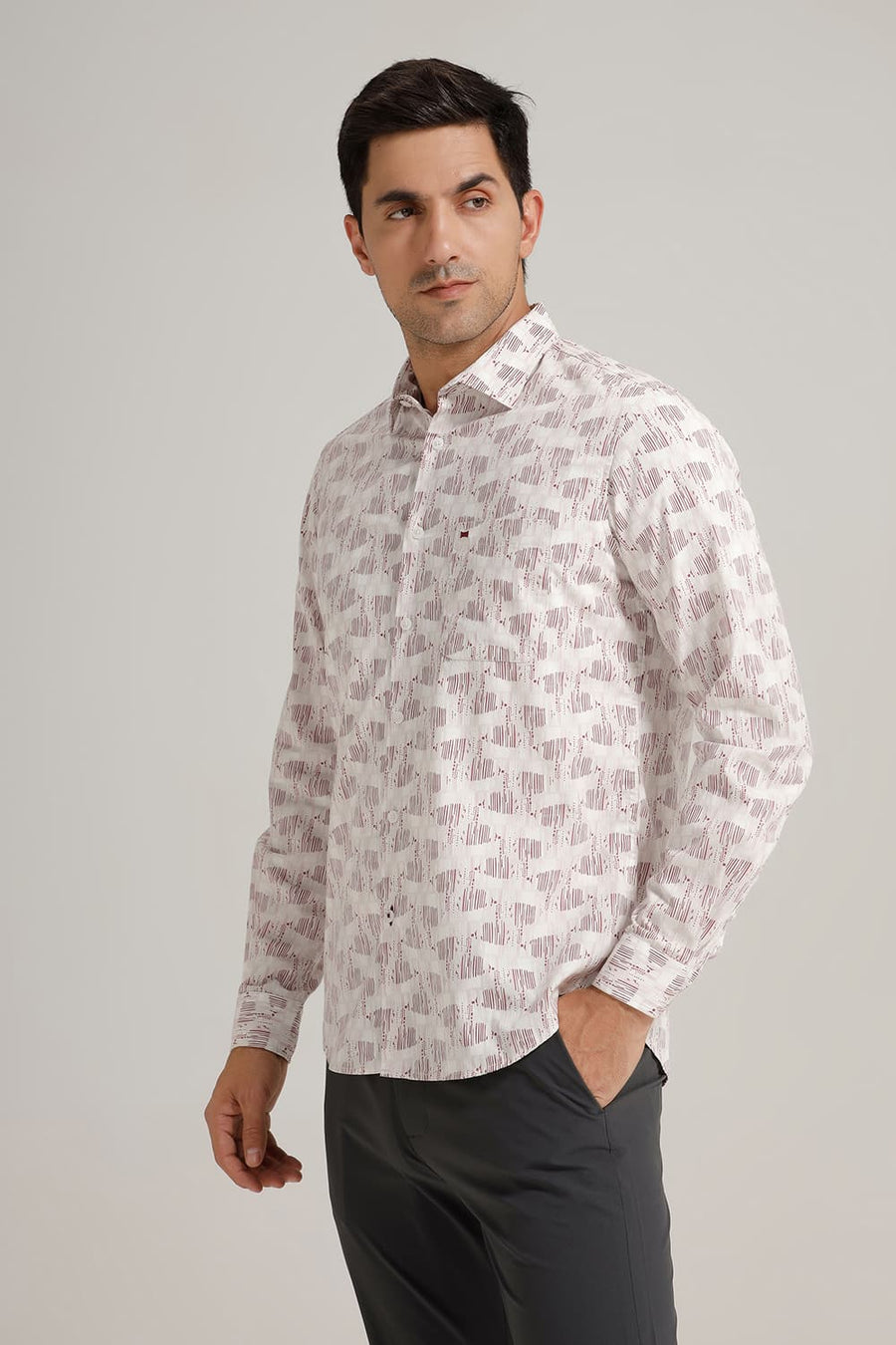 BASICS SLIM FIT CRIMSON PINK COTTON POPLIN PRINTED SHIRT