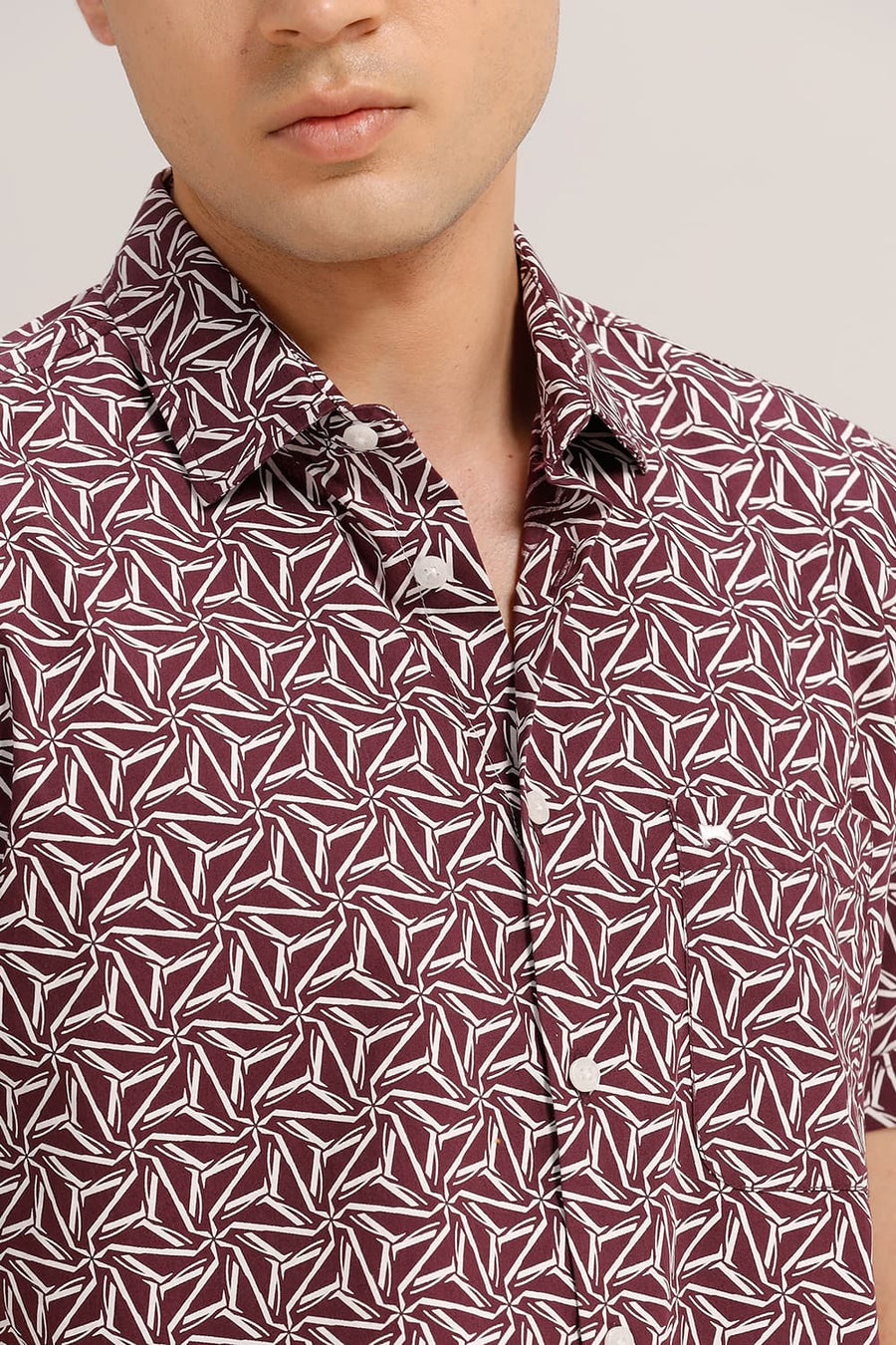 BASICS SLIM FIT WINDSOR PURPLE COTTON POPLIN PRINTED HALFSLEEVES SHIRT