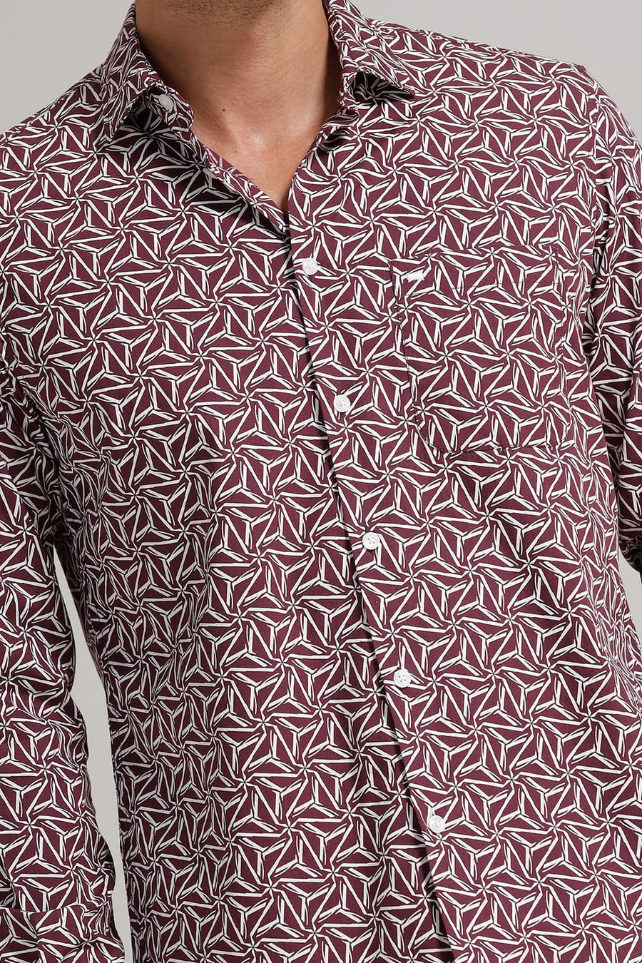 BASICS SLIM FIT WINDSOR PURPLE COTTON POPLIN PRINTED SHIRT