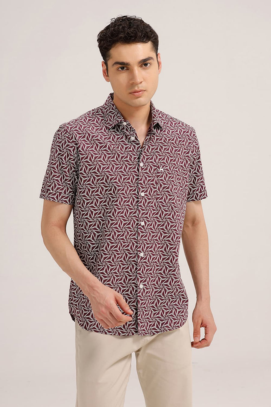BASICS SLIM FIT WINDSOR PURPLE COTTON POPLIN PRINTED HALFSLEEVES SHIRT
