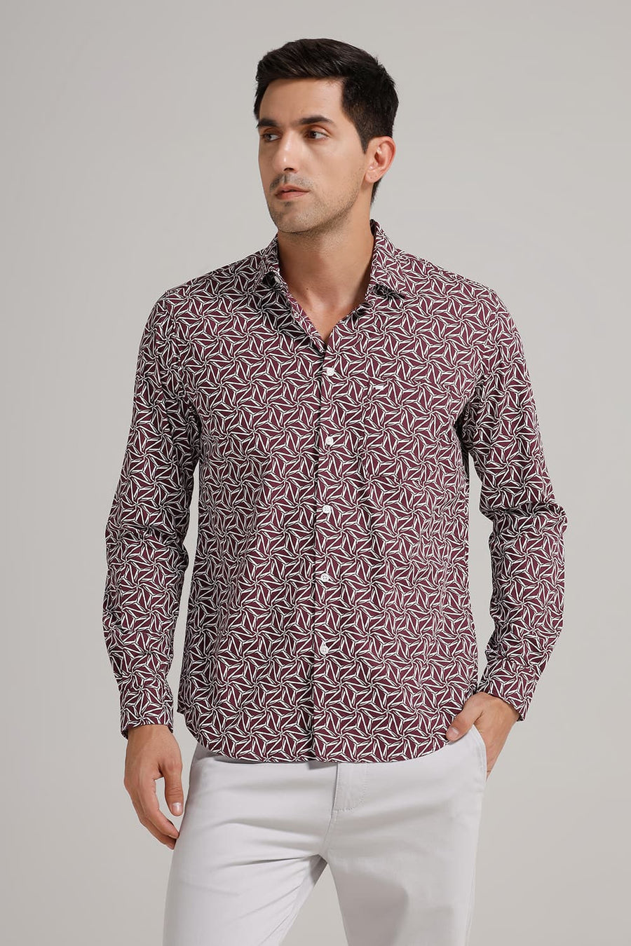 BASICS SLIM FIT WINDSOR PURPLE COTTON POPLIN PRINTED SHIRT