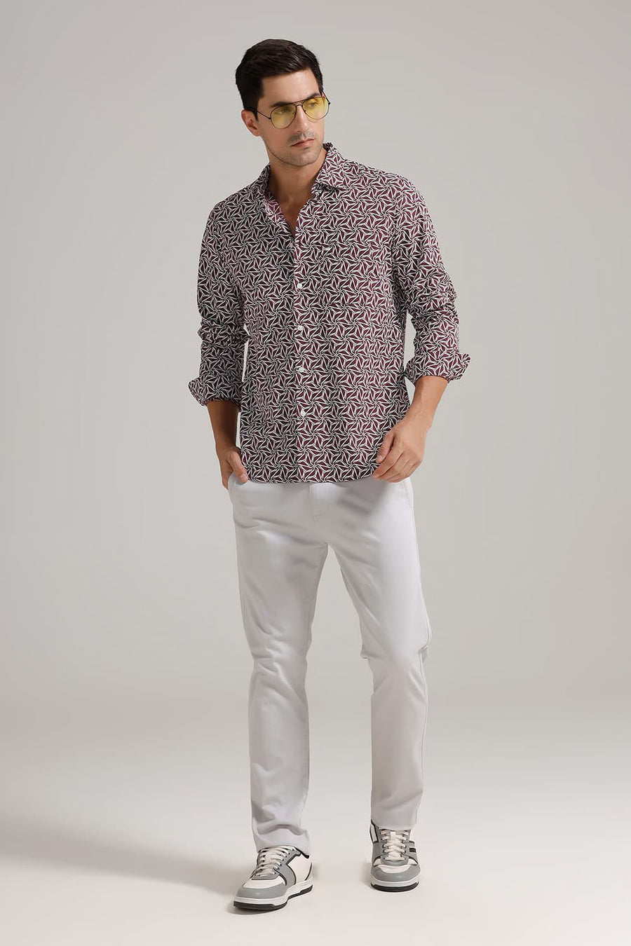 BASICS SLIM FIT WINDSOR PURPLE COTTON POPLIN PRINTED SHIRT