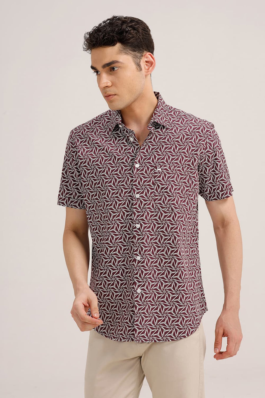 BASICS SLIM FIT WINDSOR PURPLE COTTON POPLIN PRINTED HALFSLEEVES SHIRT