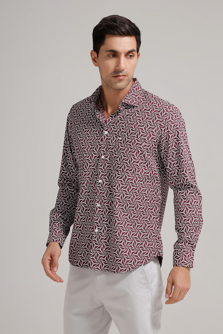 BASICS SLIM FIT WINDSOR PURPLE COTTON POPLIN PRINTED SHIRT