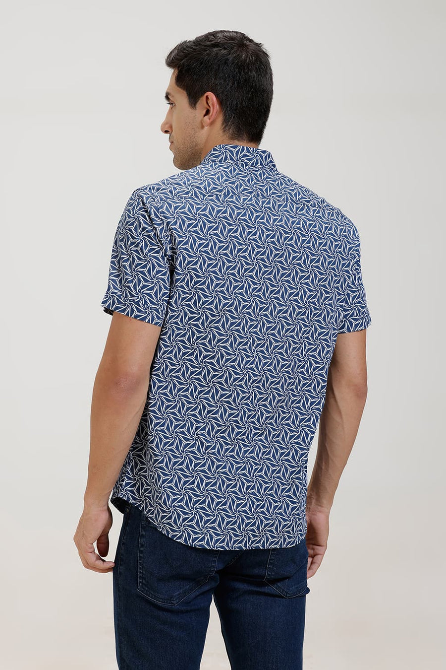 BASICS SLIM FIT MOONLIT BLUE COTTON POPLIN PRINTED HALFSLEEVES SHIRT