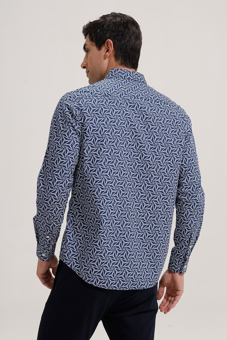 BASICS SLIM FIT MOONLIT BLUE COTTON POPLIN PRINTED SHIRT