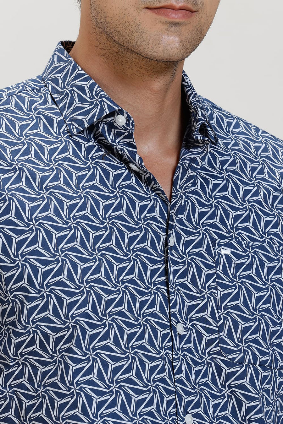 BASICS SLIM FIT MOONLIT BLUE COTTON POPLIN PRINTED HALFSLEEVES SHIRT