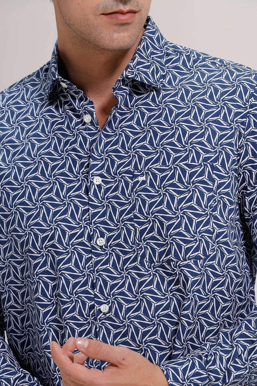 BASICS SLIM FIT MOONLIT BLUE COTTON POPLIN PRINTED SHIRT