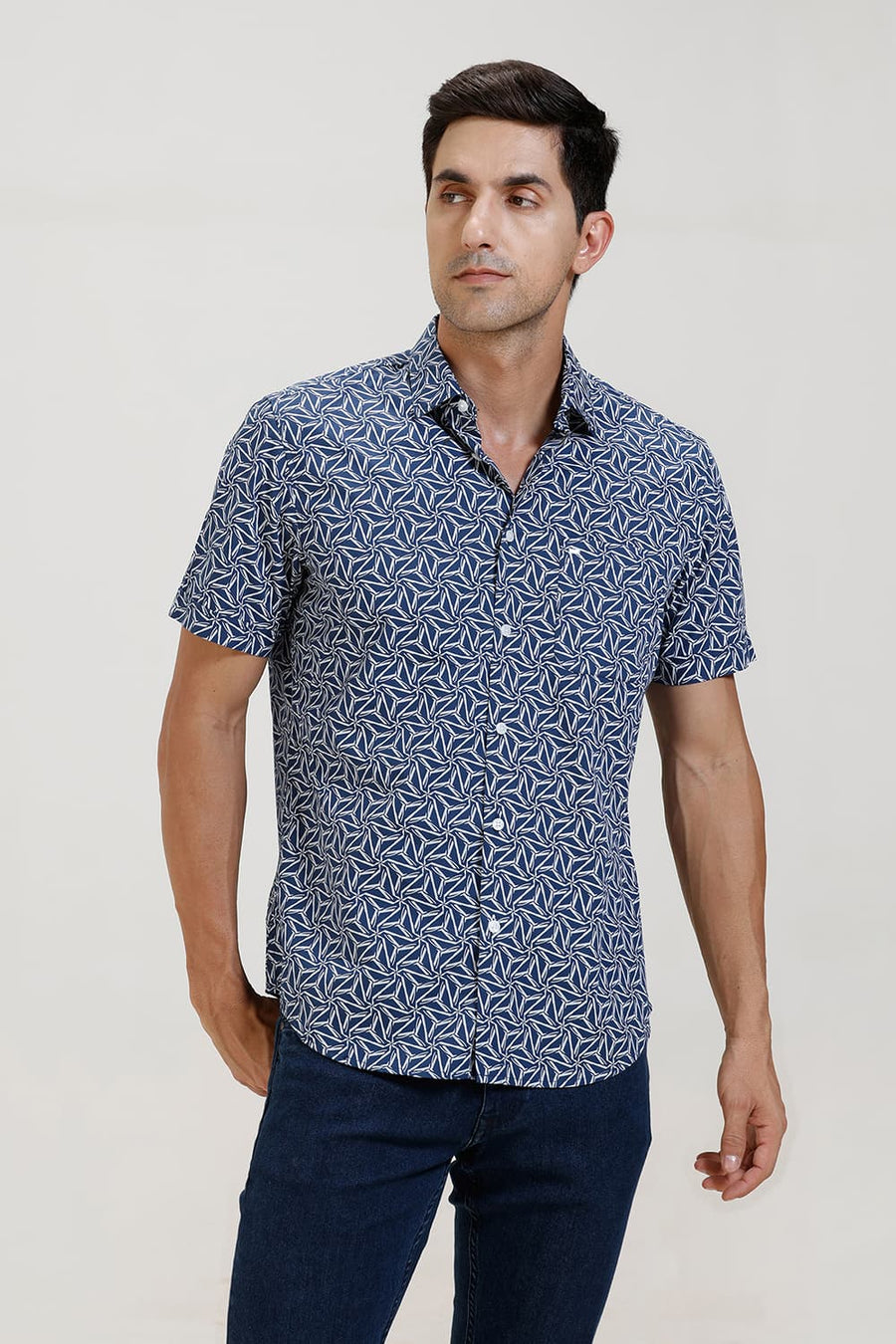 BASICS SLIM FIT MOONLIT BLUE COTTON POPLIN PRINTED HALFSLEEVES SHIRT