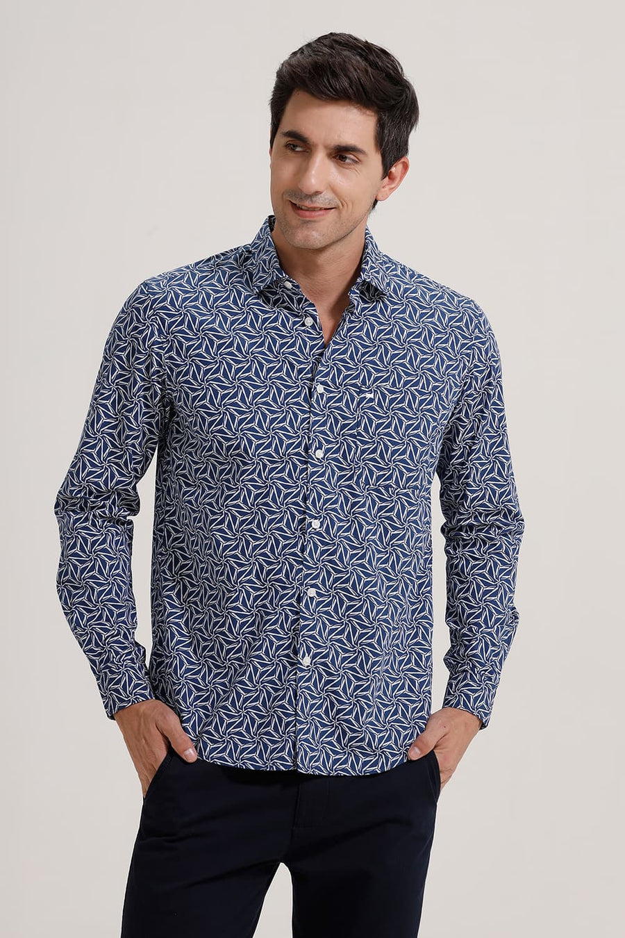 BASICS SLIM FIT MOONLIT BLUE COTTON POPLIN PRINTED SHIRT