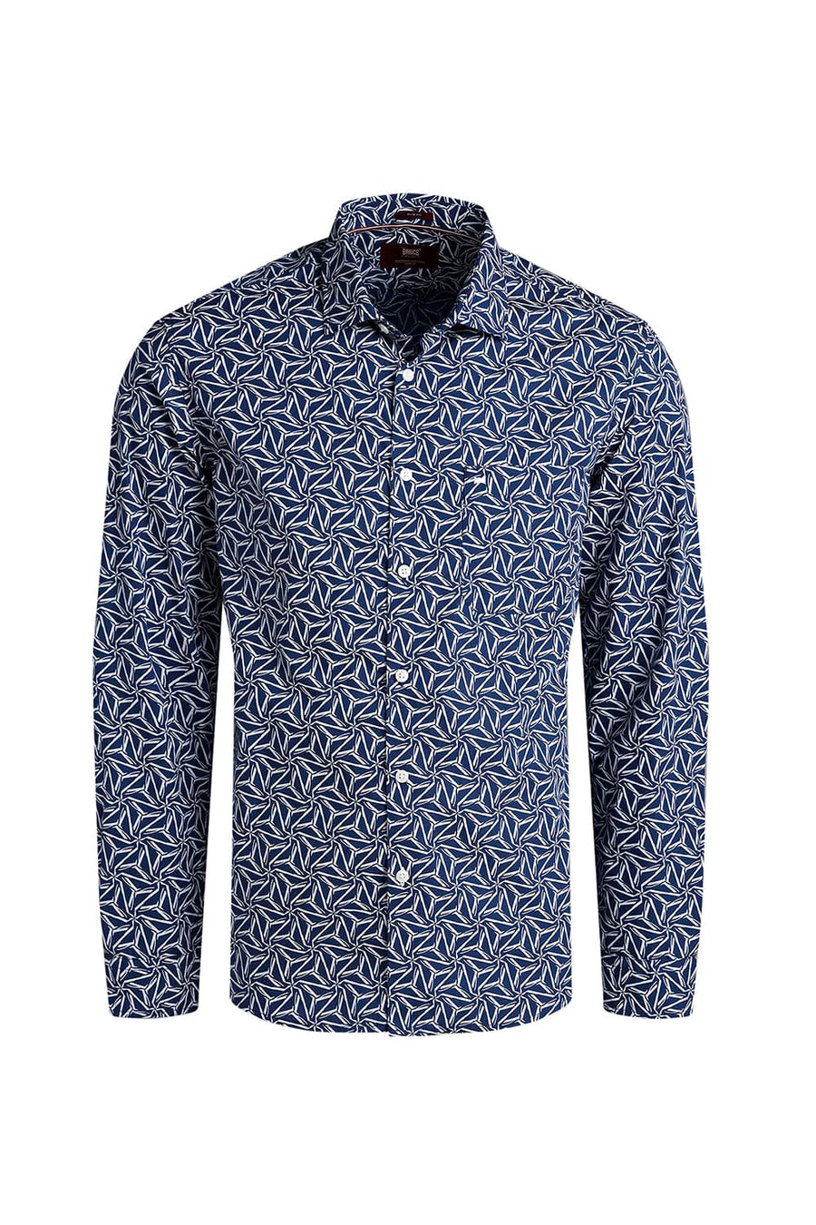 BASICS SLIM FIT MOONLIT BLUE COTTON POPLIN PRINTED SHIRT