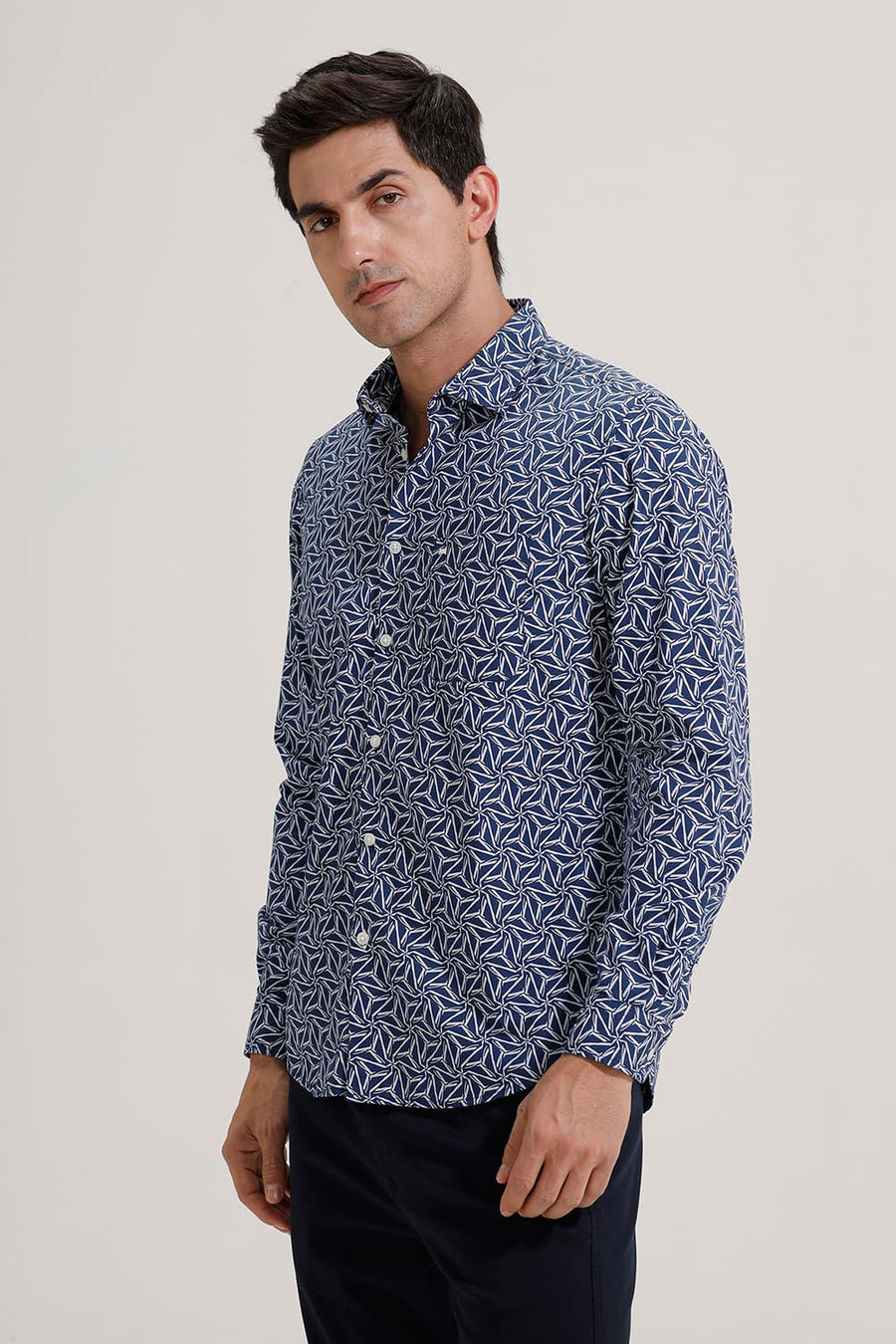 BASICS SLIM FIT MOONLIT BLUE COTTON POPLIN PRINTED SHIRT