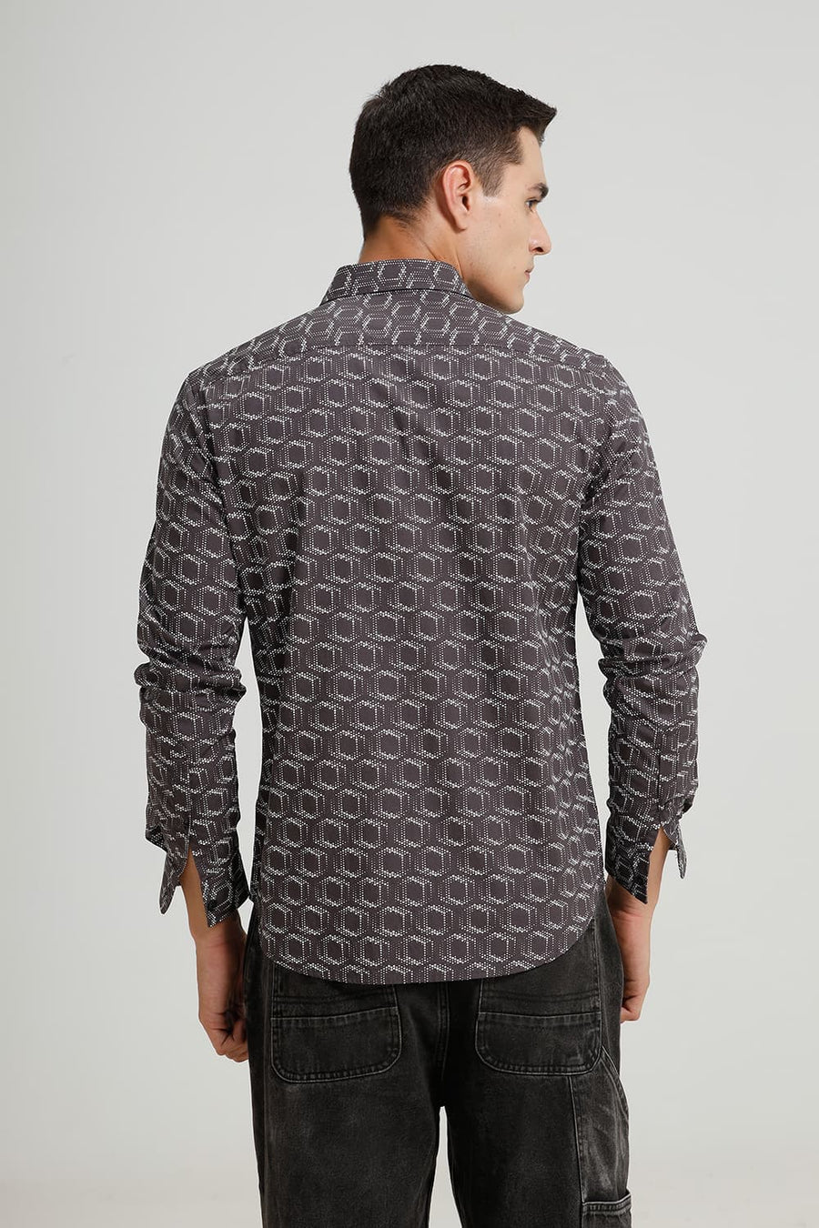 BASICS SLIM FIT CHARCOAL GREY COTTON POPLIN PRINTED SHIRT