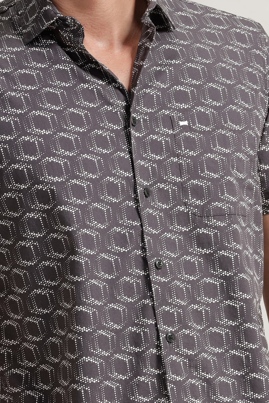 BASICS SLIM FIT CHARCOAL GREY COTTON POPLIN PRINTED HALFSLEEVES SHIRT