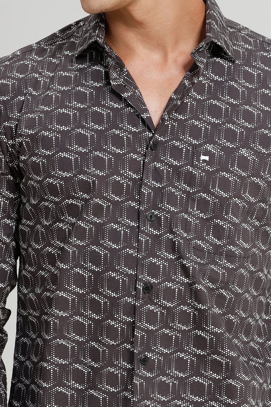 BASICS SLIM FIT CHARCOAL GREY COTTON POPLIN PRINTED SHIRT