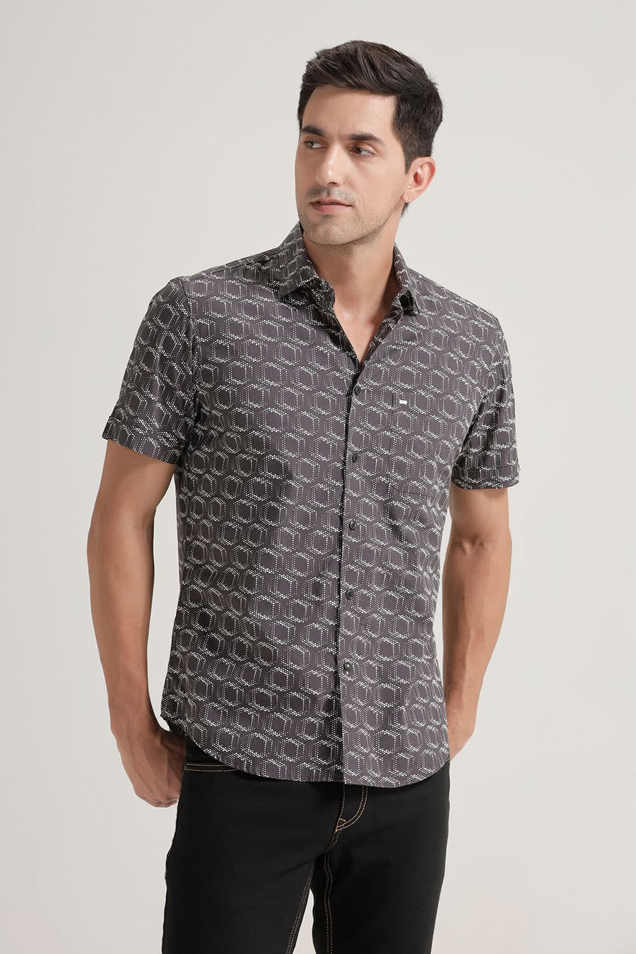 BASICS SLIM FIT CHARCOAL GREY COTTON POPLIN PRINTED HALFSLEEVES SHIRT