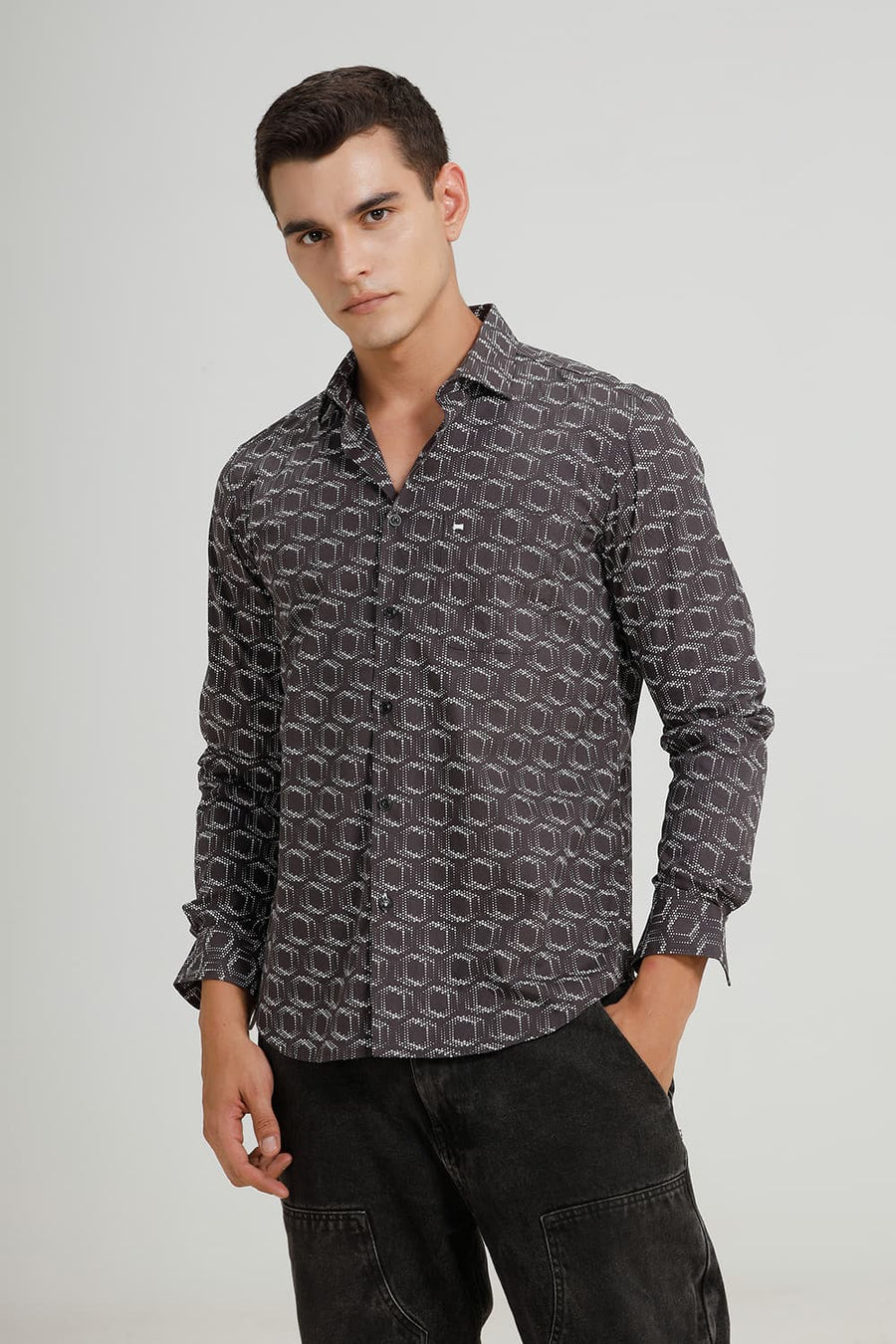 BASICS SLIM FIT CHARCOAL GREY COTTON POPLIN PRINTED SHIRT