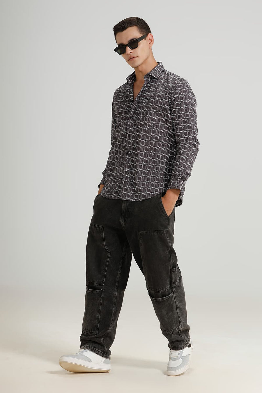 BASICS SLIM FIT CHARCOAL GREY COTTON POPLIN PRINTED SHIRT