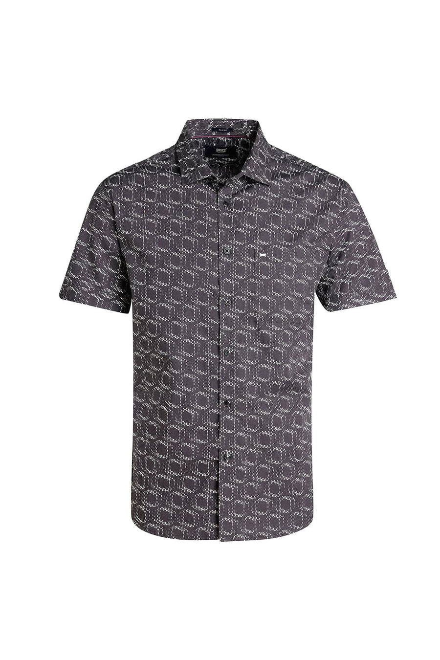 BASICS SLIM FIT CHARCOAL GREY COTTON POPLIN PRINTED HALFSLEEVES SHIRT