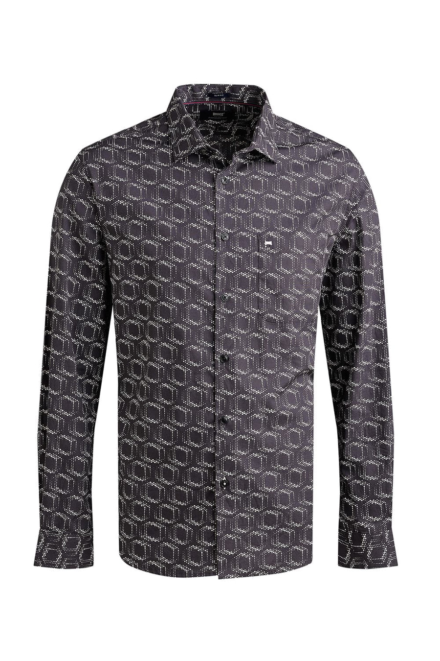 BASICS SLIM FIT CHARCOAL GREY COTTON POPLIN PRINTED SHIRT