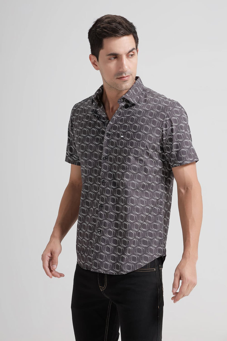 BASICS SLIM FIT CHARCOAL GREY COTTON POPLIN PRINTED HALFSLEEVES SHIRT