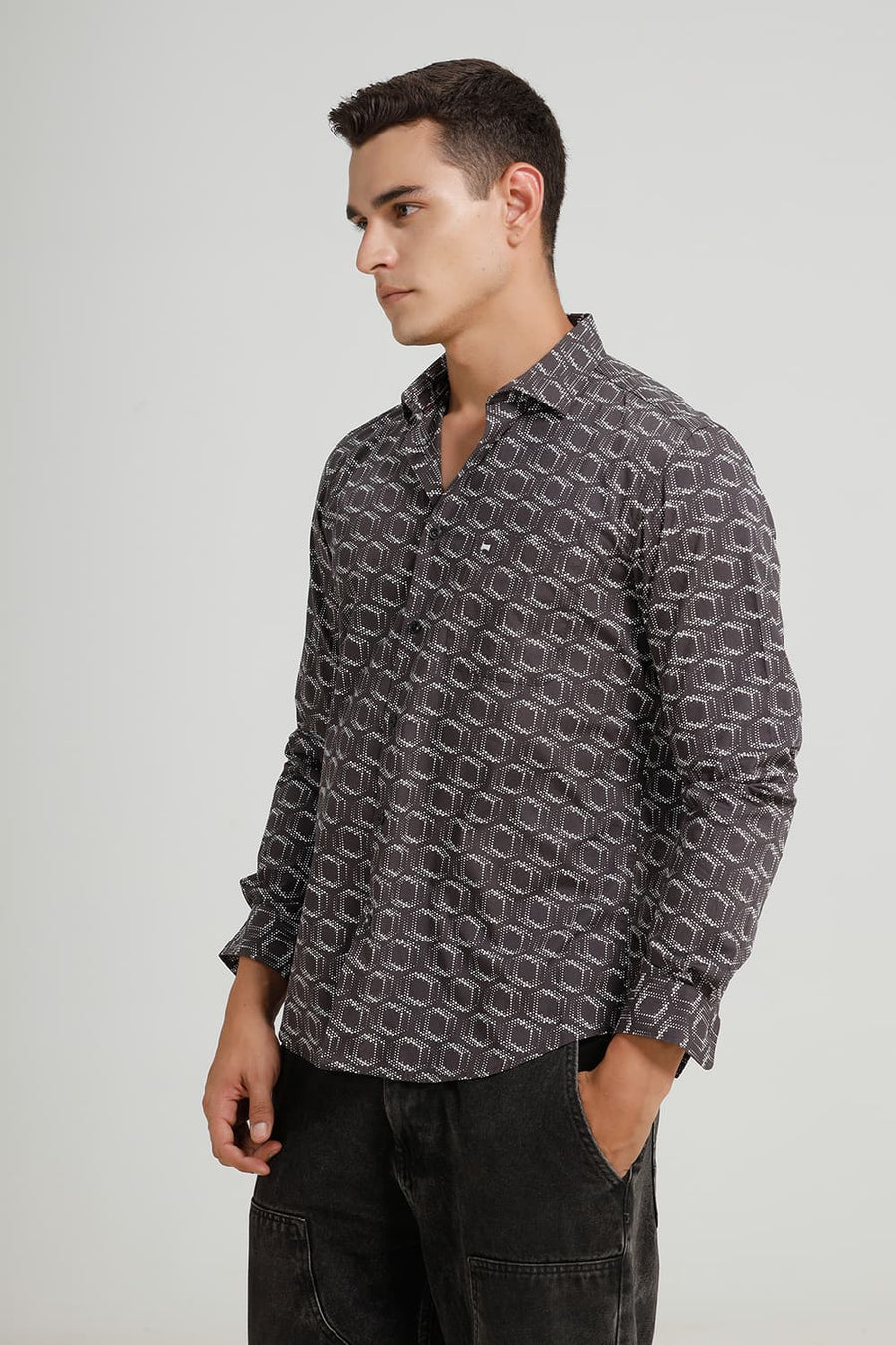 BASICS SLIM FIT CHARCOAL GREY COTTON POPLIN PRINTED SHIRT