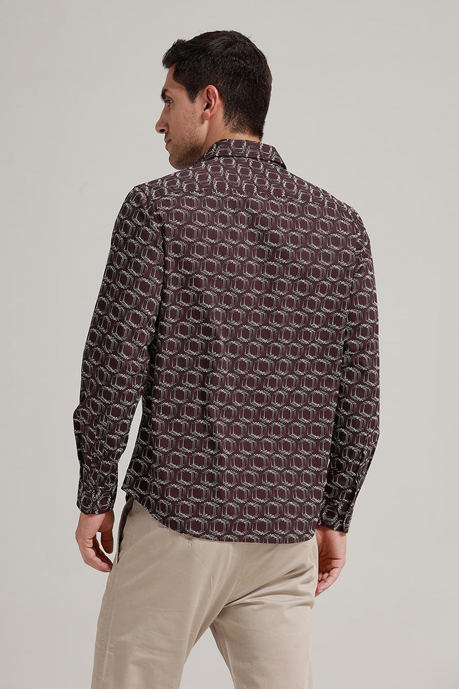 BASICS SLIM FIT CHOCOLATE BROWN COTTON POPLIN PRINTED SHIRT