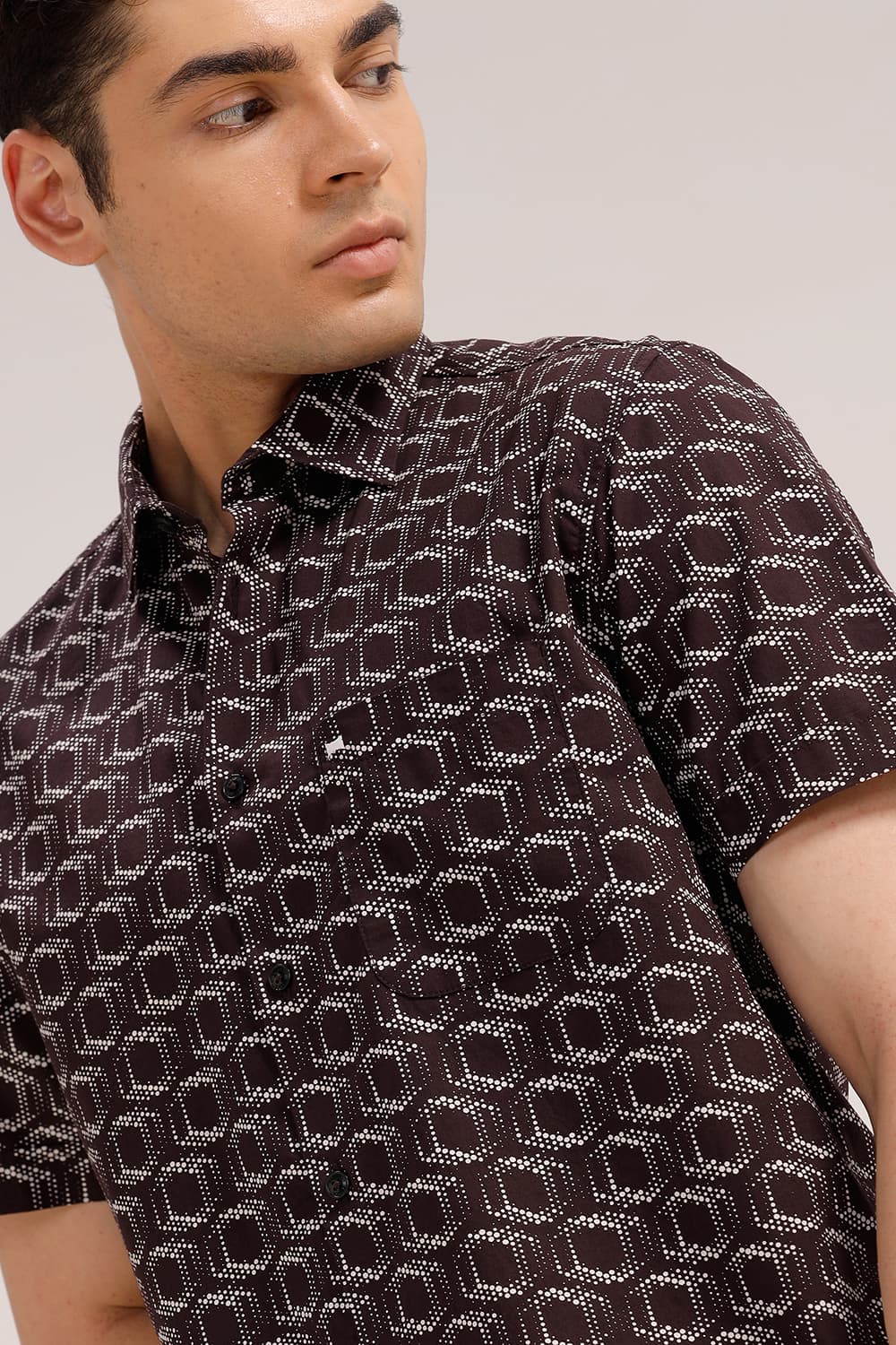 SLIM FIT COTTON POPLIN PRINTED HALFSLEEVES SHIRT