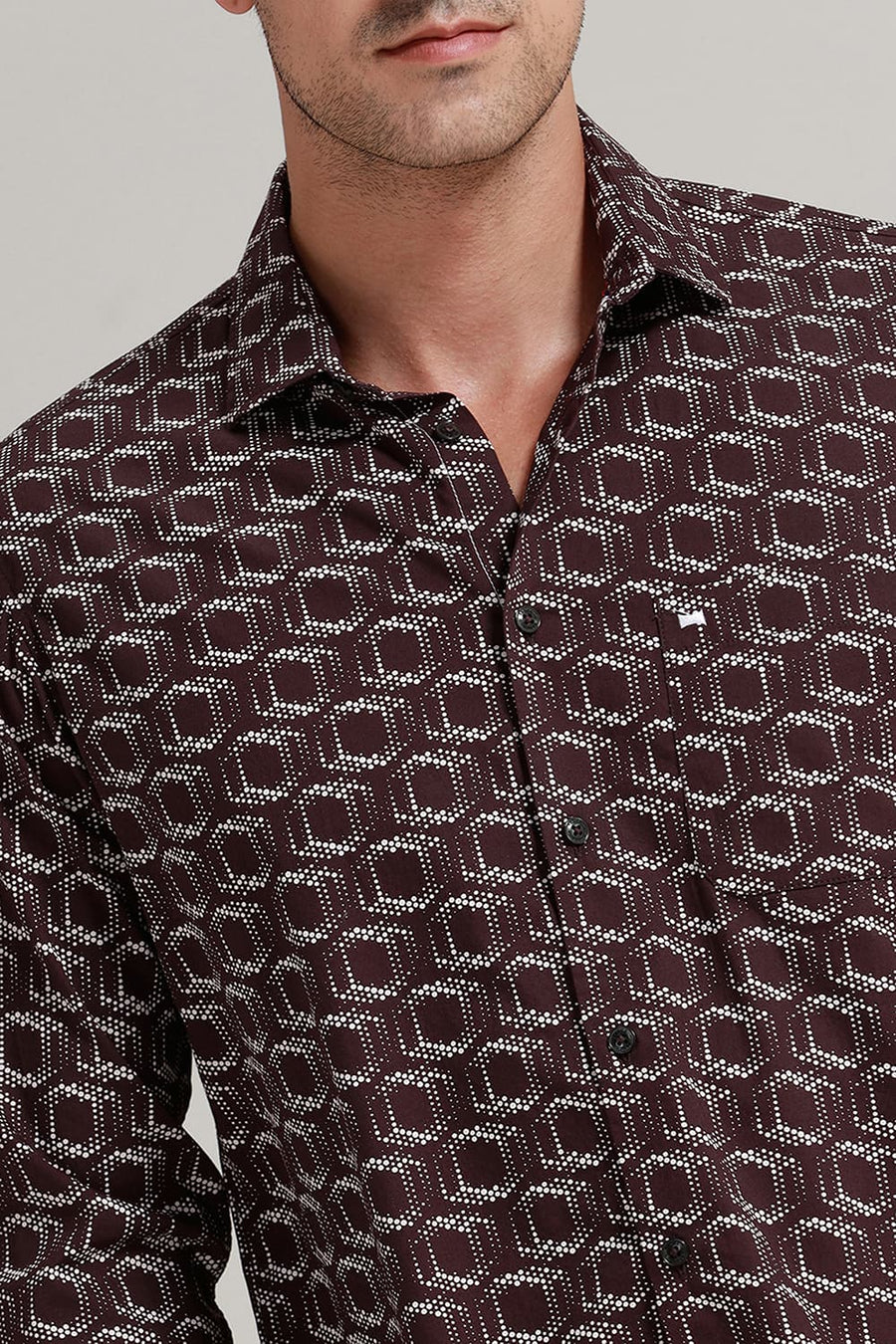 BASICS SLIM FIT CHOCOLATE BROWN COTTON POPLIN PRINTED SHIRT