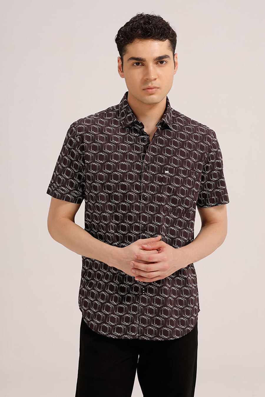 BASICS SLIM FIT CHOCOLATE BROWN COTTON POPLIN PRINTED HALFSLEEVES SHIRT