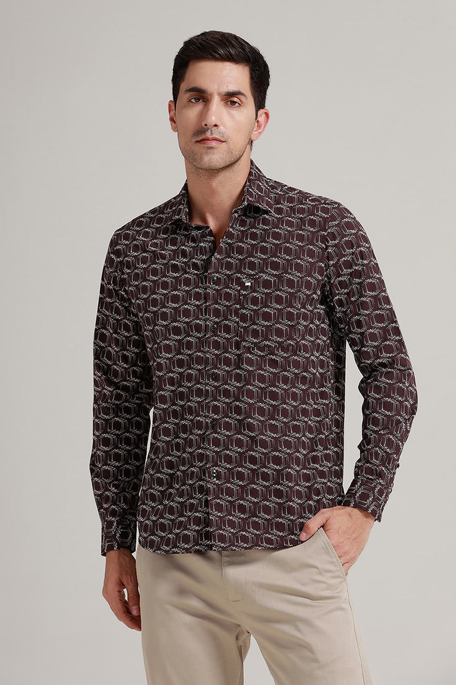 BASICS SLIM FIT CHOCOLATE BROWN COTTON POPLIN PRINTED SHIRT