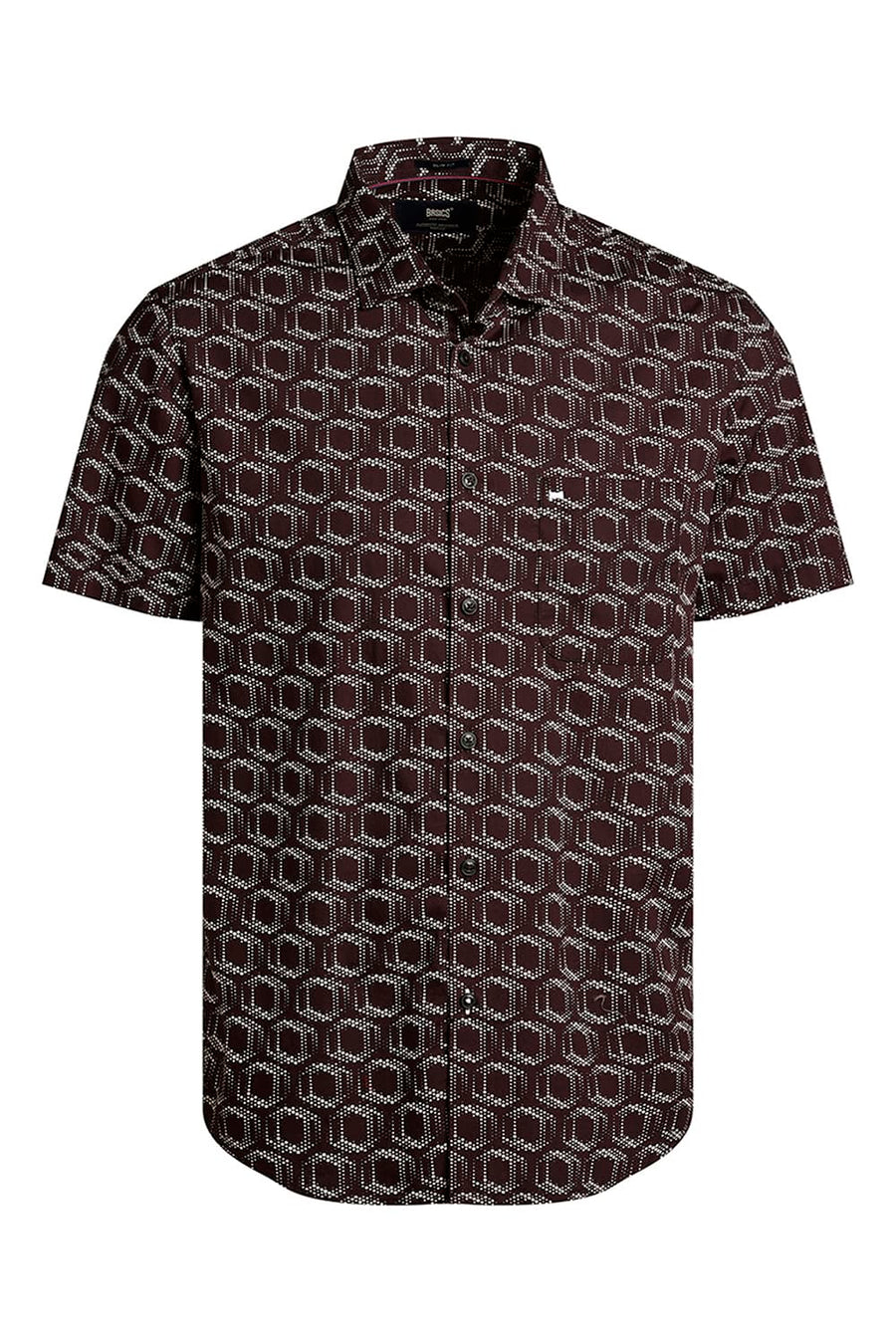 BASICS SLIM FIT CHOCOLATE BROWN COTTON POPLIN PRINTED HALFSLEEVES SHIRT