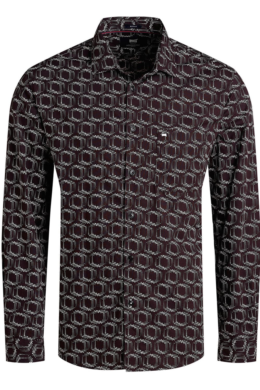 BASICS SLIM FIT CHOCOLATE BROWN COTTON POPLIN PRINTED SHIRT