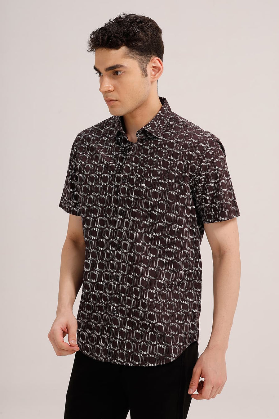 BASICS SLIM FIT CHOCOLATE BROWN COTTON POPLIN PRINTED HALFSLEEVES SHIRT