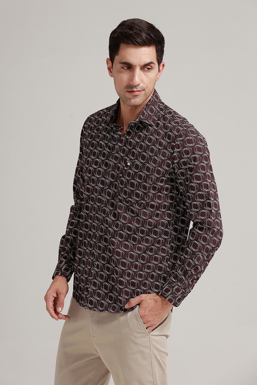 BASICS SLIM FIT CHOCOLATE BROWN COTTON POPLIN PRINTED SHIRT