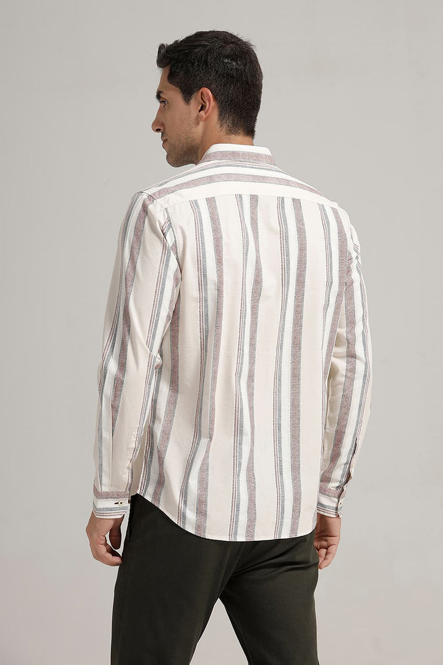 BASICS SLIM FIT BEIGE MORN COTTON VISCOSE PRINTED STRIPE SHIRT
