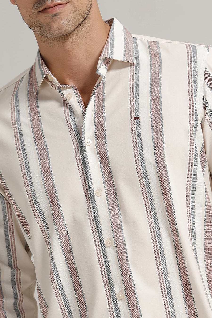 BASICS SLIM FIT BEIGE MORN COTTON VISCOSE PRINTED STRIPE SHIRT