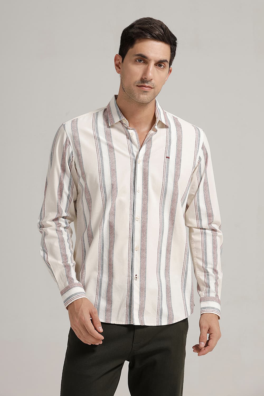 SLIM FIT COTTON VISCOSE PRINTED STRIPE SHIRT