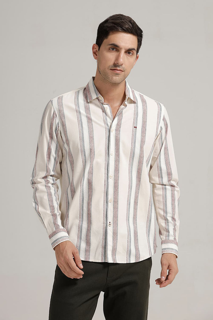BASICS SLIM FIT BEIGE MORN COTTON VISCOSE PRINTED STRIPE SHIRT