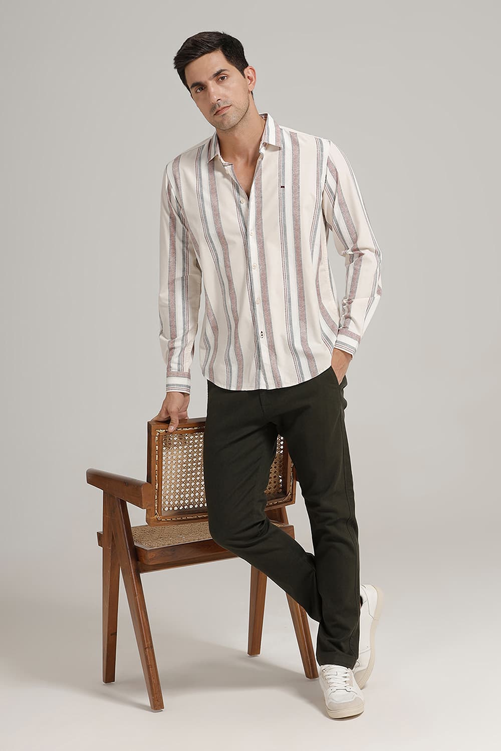 SLIM FIT COTTON VISCOSE PRINTED STRIPE SHIRT