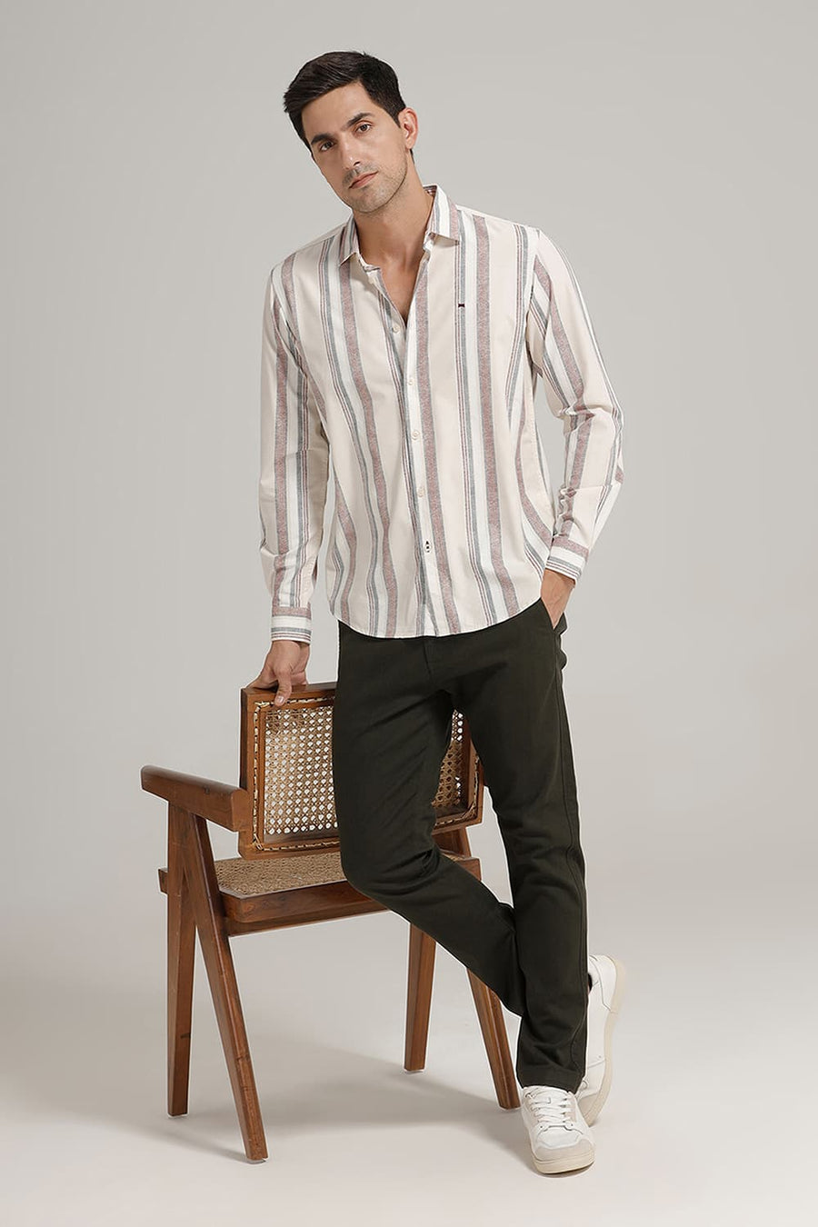 BASICS SLIM FIT BEIGE MORN COTTON VISCOSE PRINTED STRIPE SHIRT