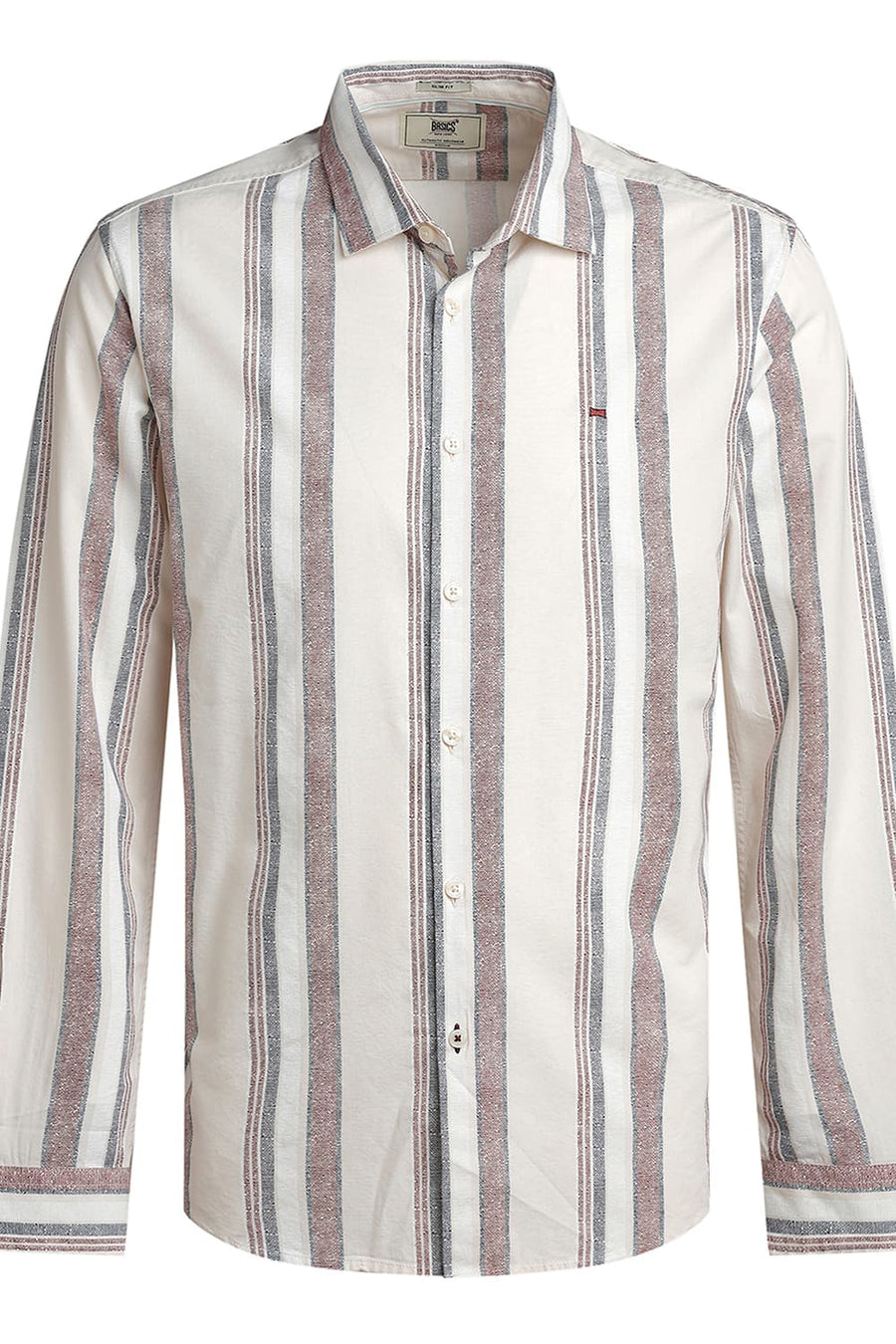 BASICS SLIM FIT BEIGE MORN COTTON VISCOSE PRINTED STRIPE SHIRT